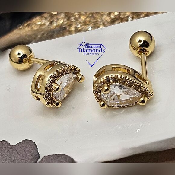 Dainty White Diamond Teardrop 18K Yellow Gold Earrings on 925 Silver - Picture 8 of 8